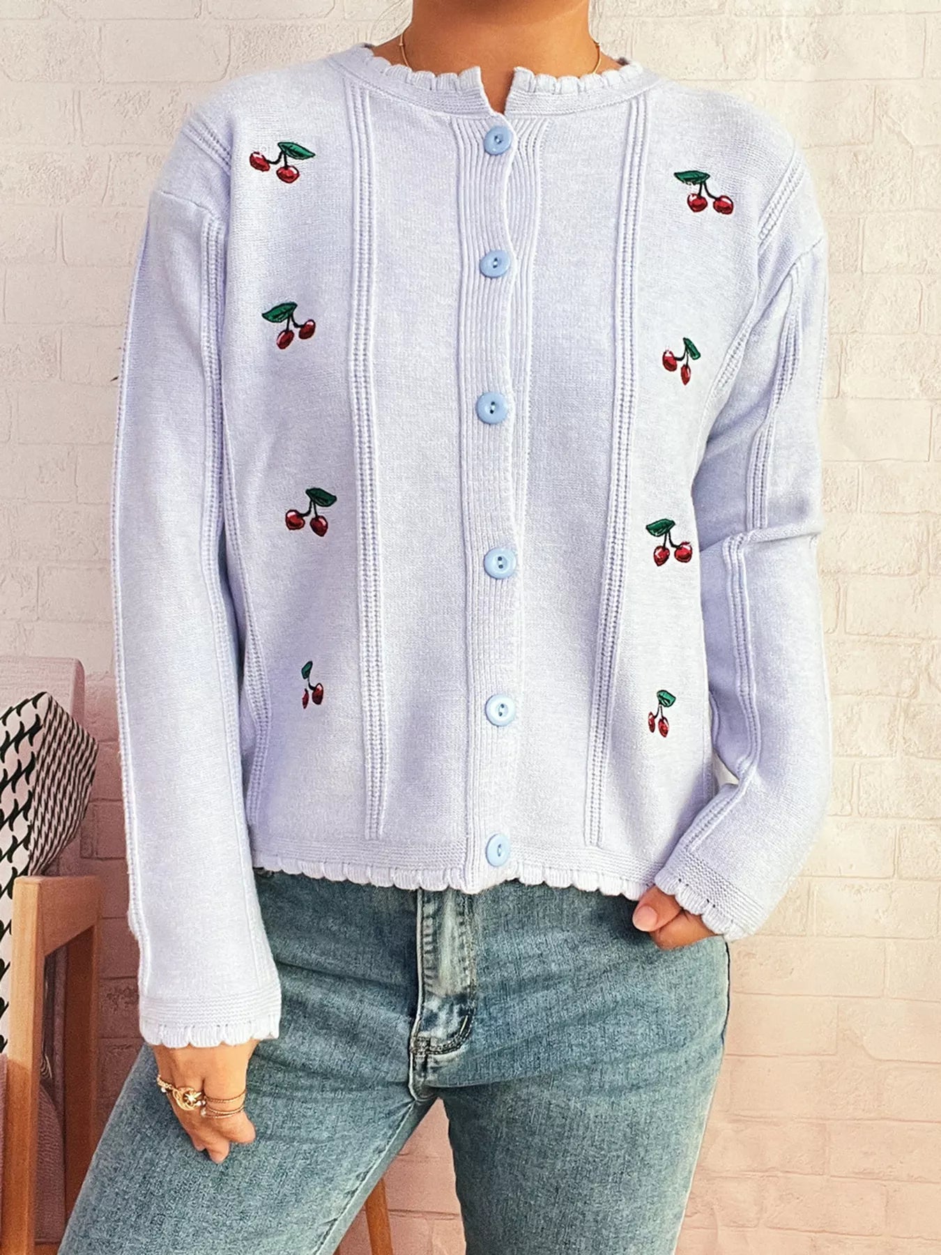 Cherry Embroidered Button Up Cardigan Light Blue One Size OutfitFlow
