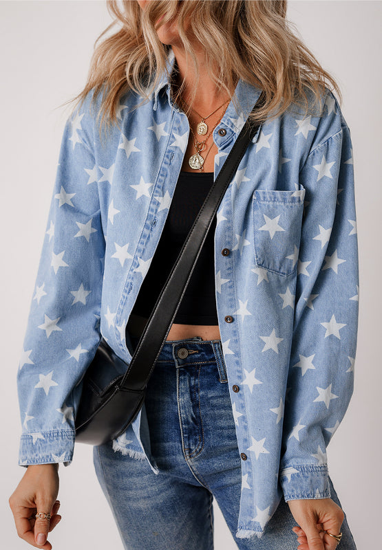 Outfit Flow - Raw Hem Star Collared Neck Denim Top