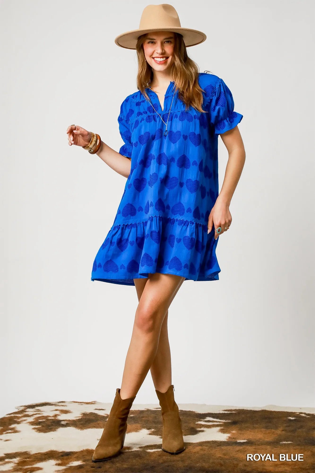 Umgee Heart Pattern Short Sleeve Ruffle Babydoll Dress OutfitFlow