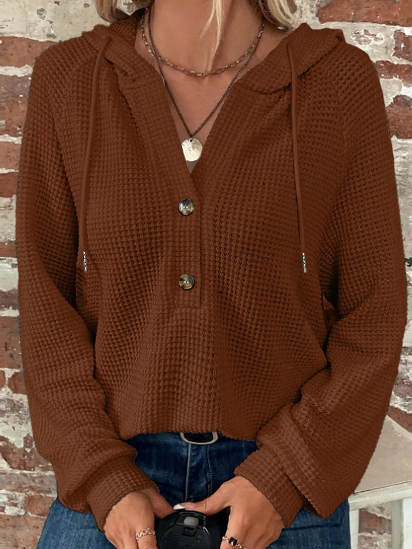 Casual Waffle Knit Button Detail Hoodie Dark Brown OutfitFlow