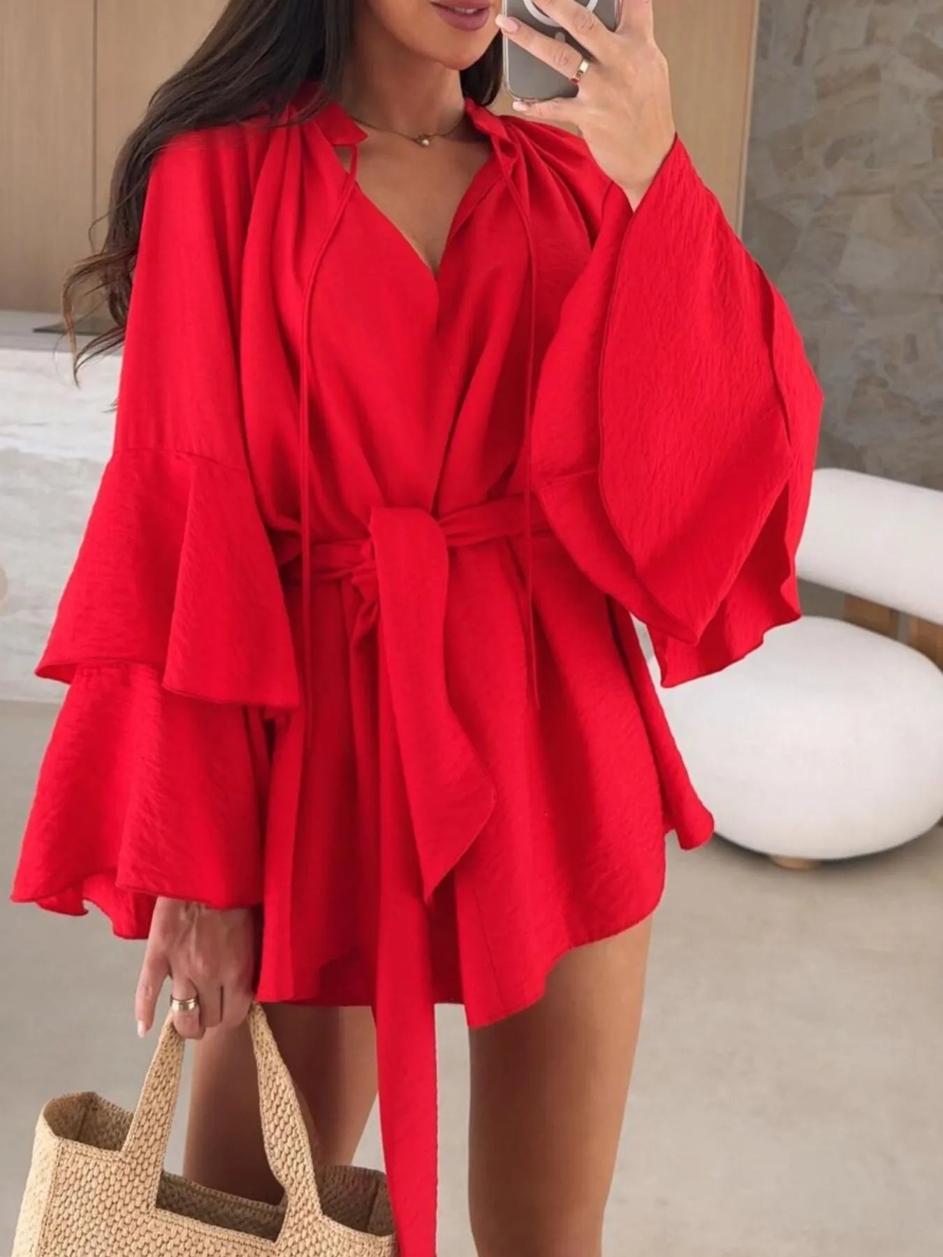 Bell Sleeve Tie Waist Mini Shirt Dress OutfitFlow