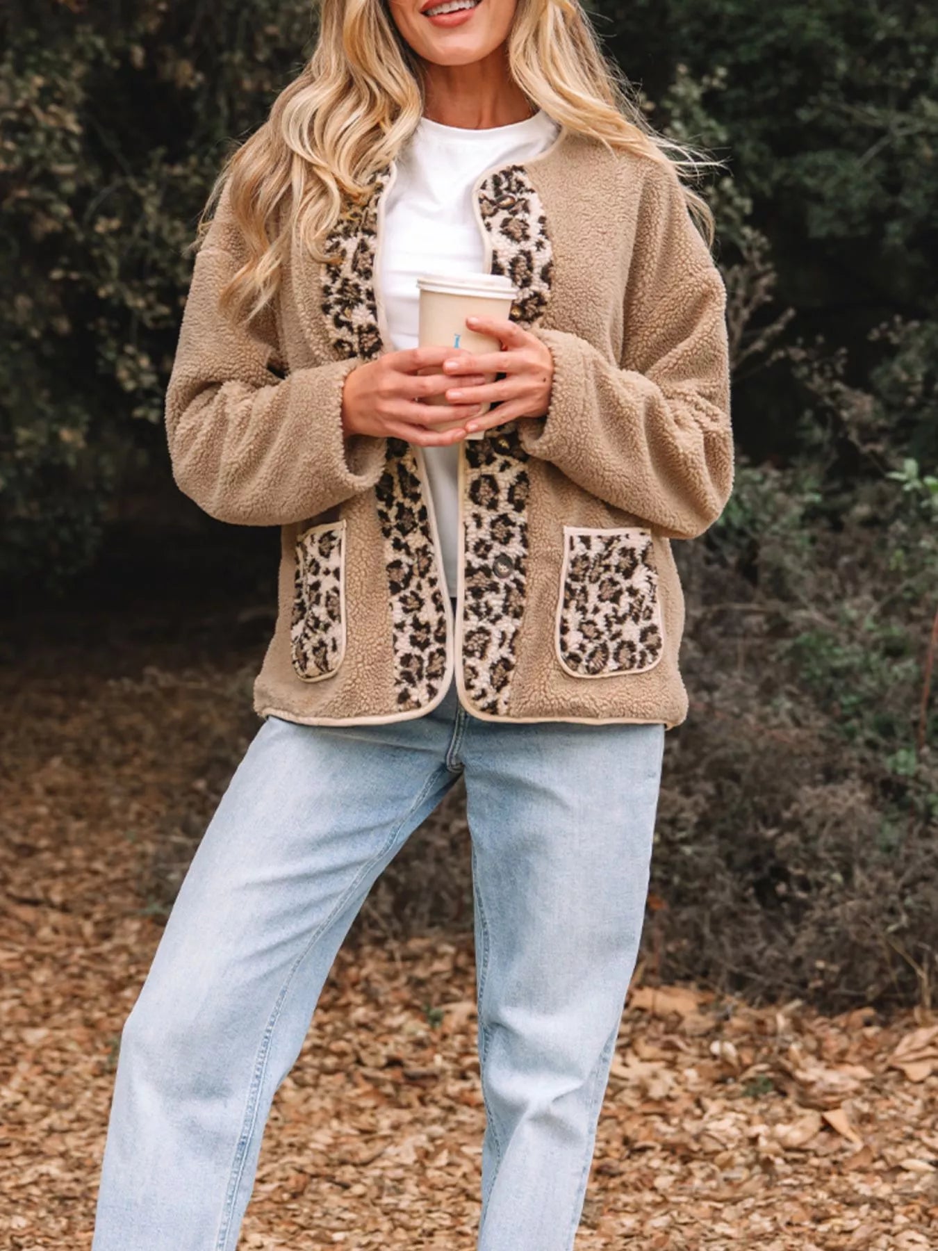 Casual Leopard Print Accent Plush Jacket with Pockets OutfitFlow