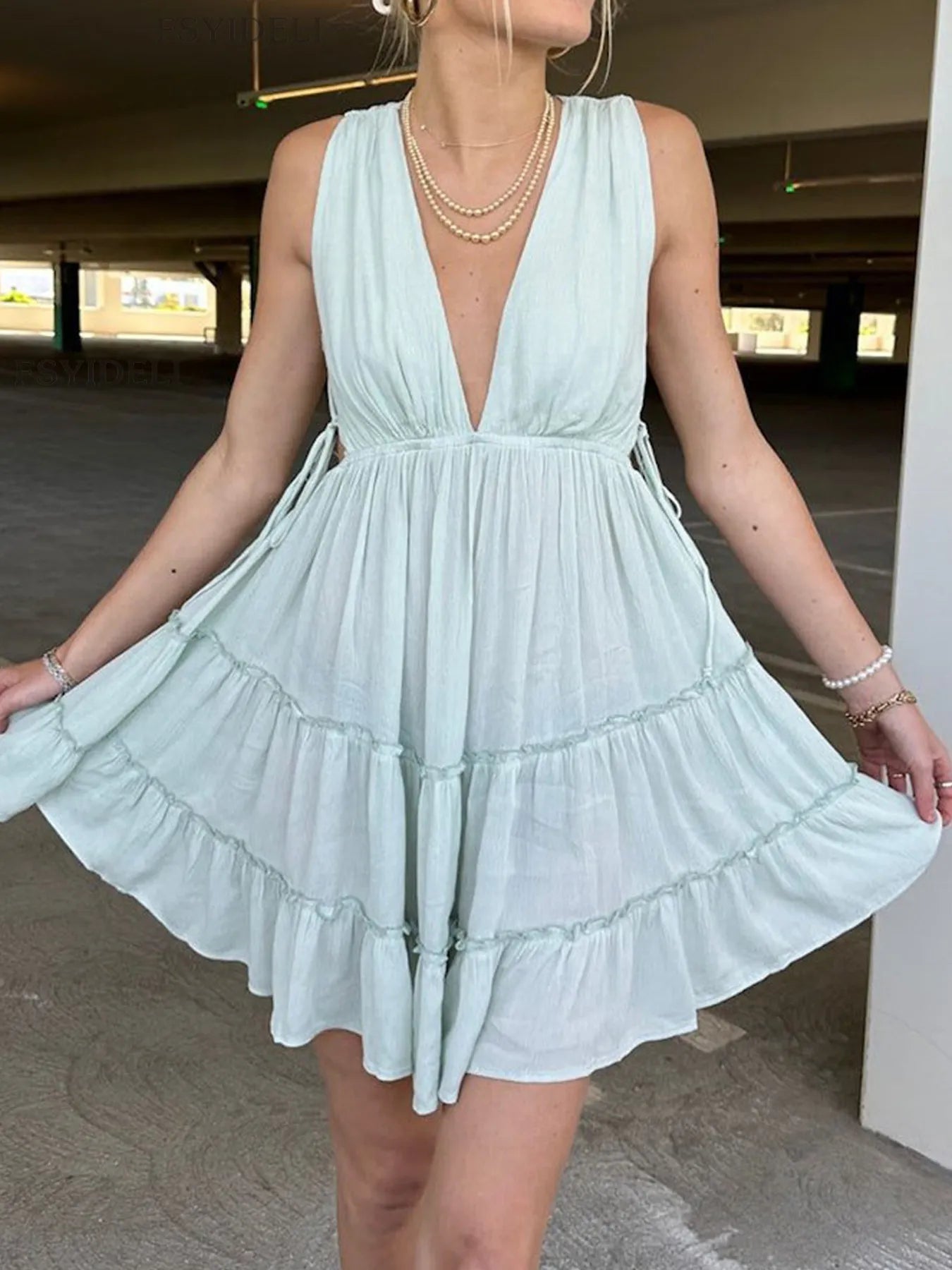 Deep V-Neck Tiered Mini Dress Light Blue OutfitFlow
