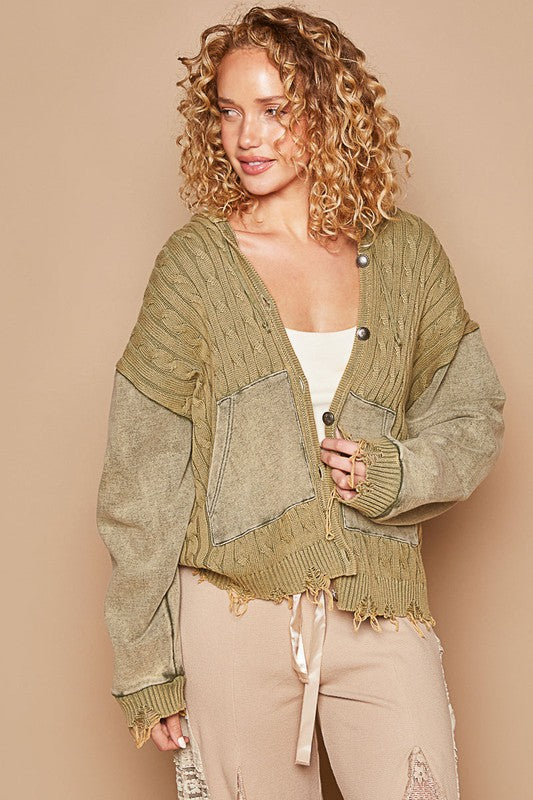 Outfit Flow - POL Distressed Hem Button Up Hooded Cardigan