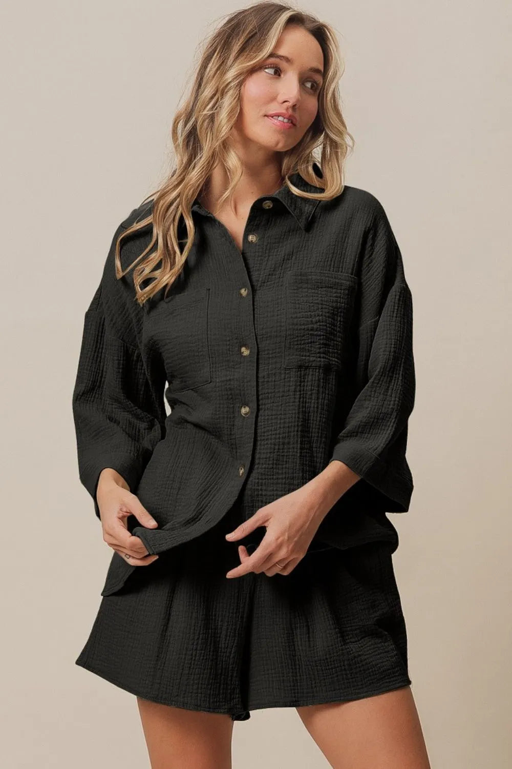 BiBi Crinkle Gauze Shirt and Short Set BLACK OutfitFlow