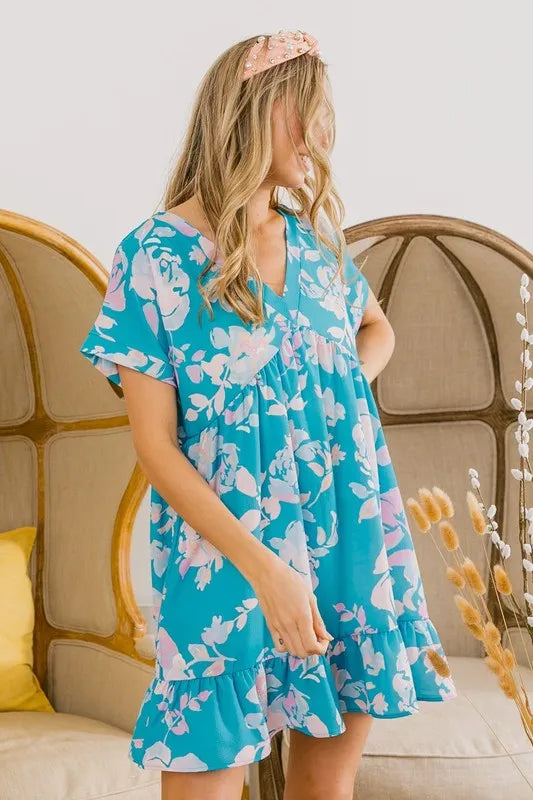 BiBi Floral Crinkle Shirred Ruffle Detail V Neck Dress OutfitFlow