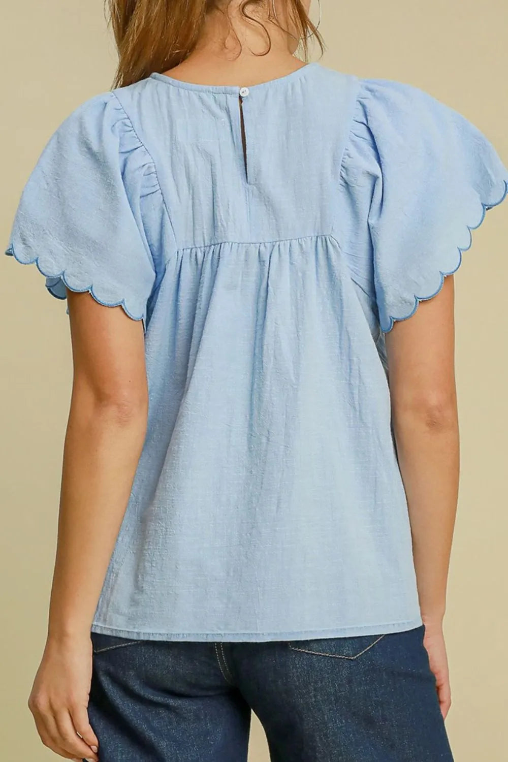 Solid Color Embroidered Scalloped Sleeves Crew Neck Blouse OutfitFlow
