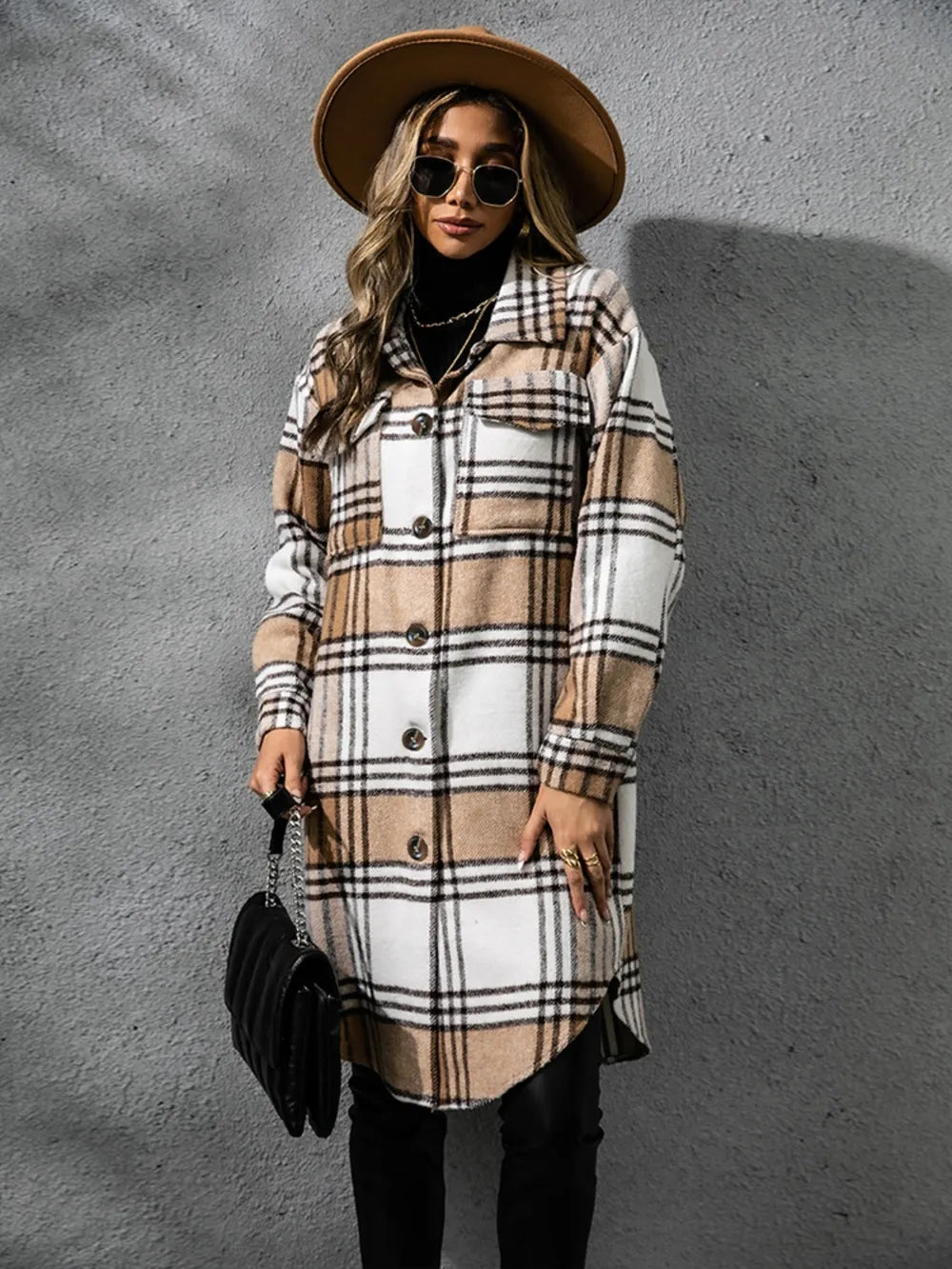 Plaid Collared Neck Long Sleeve Coat OutfitFlow