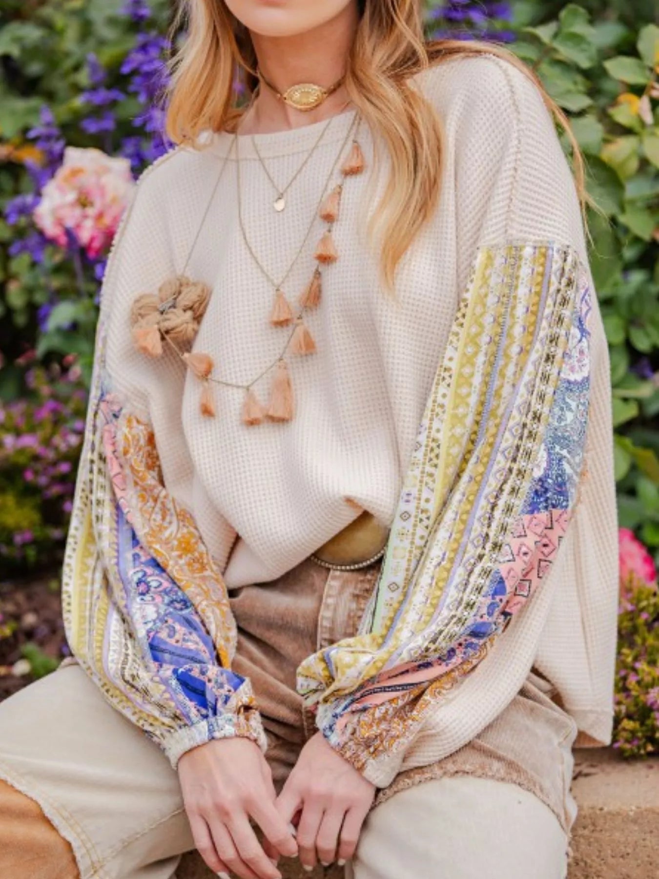 Waffle Knit Round Neck Dropped Shoulder Sweatshirt Ivory OutfitFlow