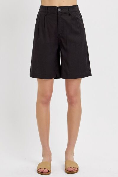 RISEN High Rise Pleated Front Shorts Black OutfitFlow