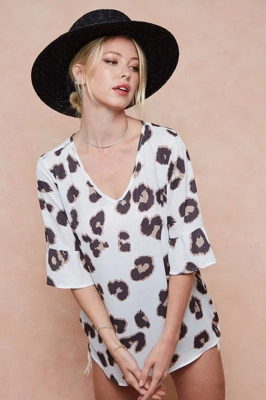 BiBi Leopard Printed V Neck Woven Top with Ruffled OutfitFlow