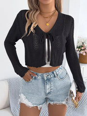 Openwork Tie Front Long Sleeve Cardigan OutfitFlow