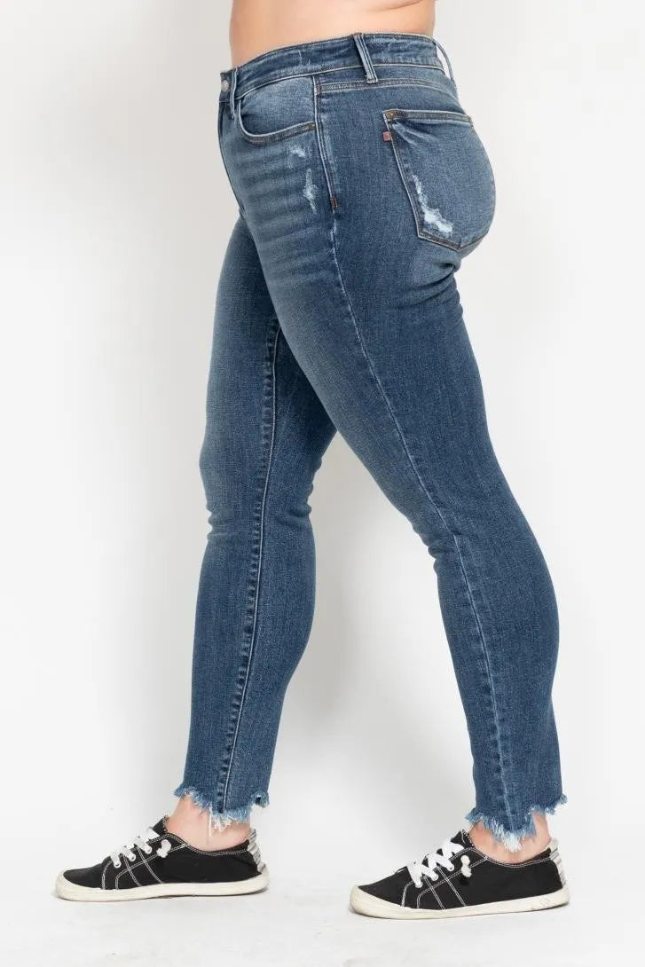 Judy Blue Plus Size High Waist Skinny with Destroy & Shark Bit Hem OutfitFlow