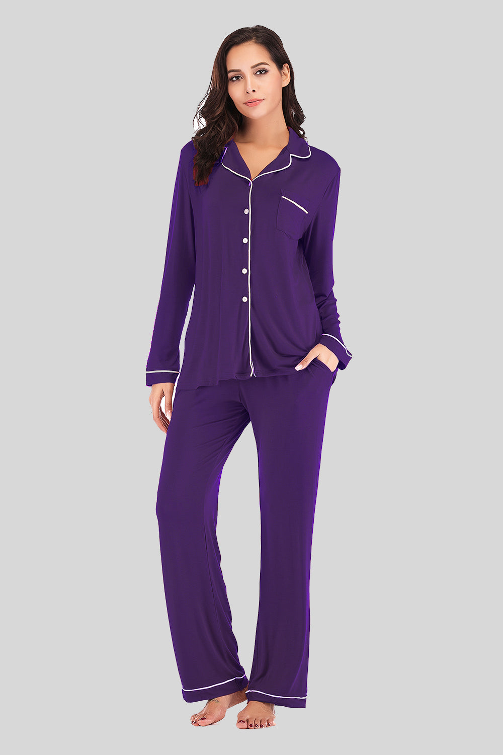 Outfit Flow - Collared Neck Long Sleeve Loungewear Set with Pockets