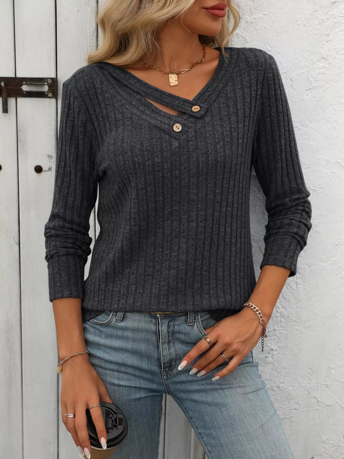 Ribbed Knit Long Sleeve Button Detail T-Shirt OutfitFlow