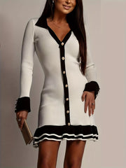 Ribbed Knit Contrast Trim Sweater Dress Black And White OutfitFlow
