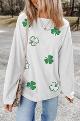 Sequin Lucky Clover Round Neck Long Sleeve Sweatshirt OutfitFlow