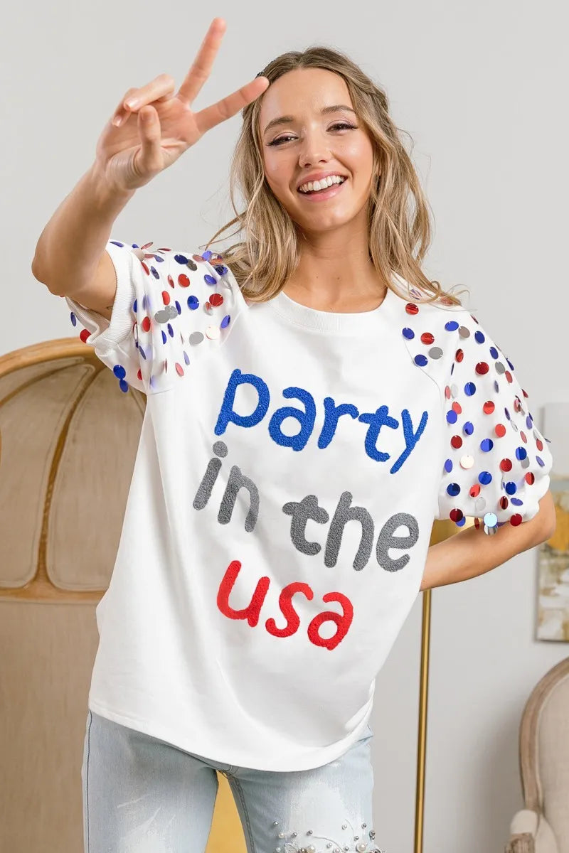 BiBi Party In The Usa Spangle Puff Sleeves Top OutfitFlow