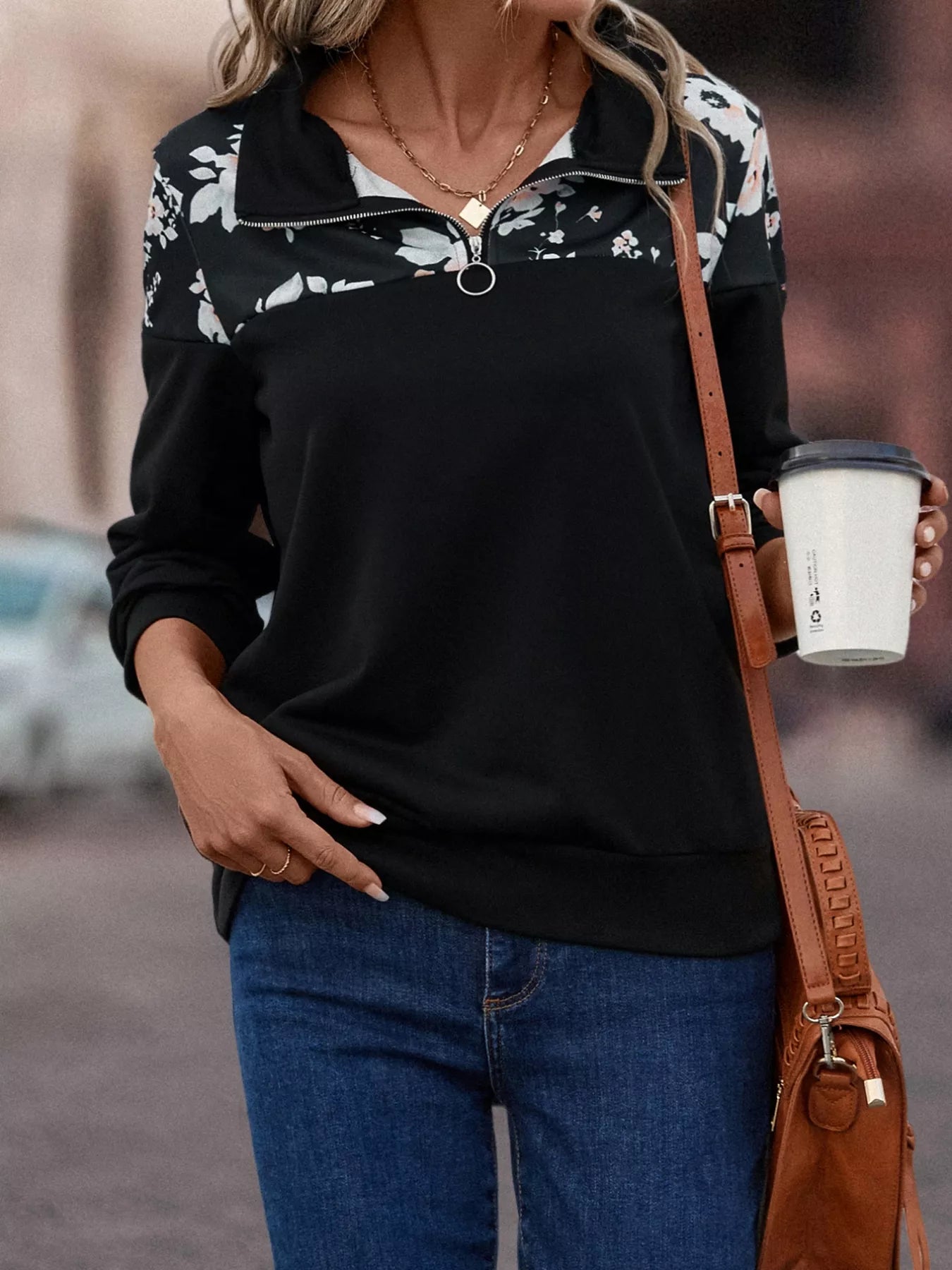 Floral Print Quarter Zip Sweatshirt OutfitFlow