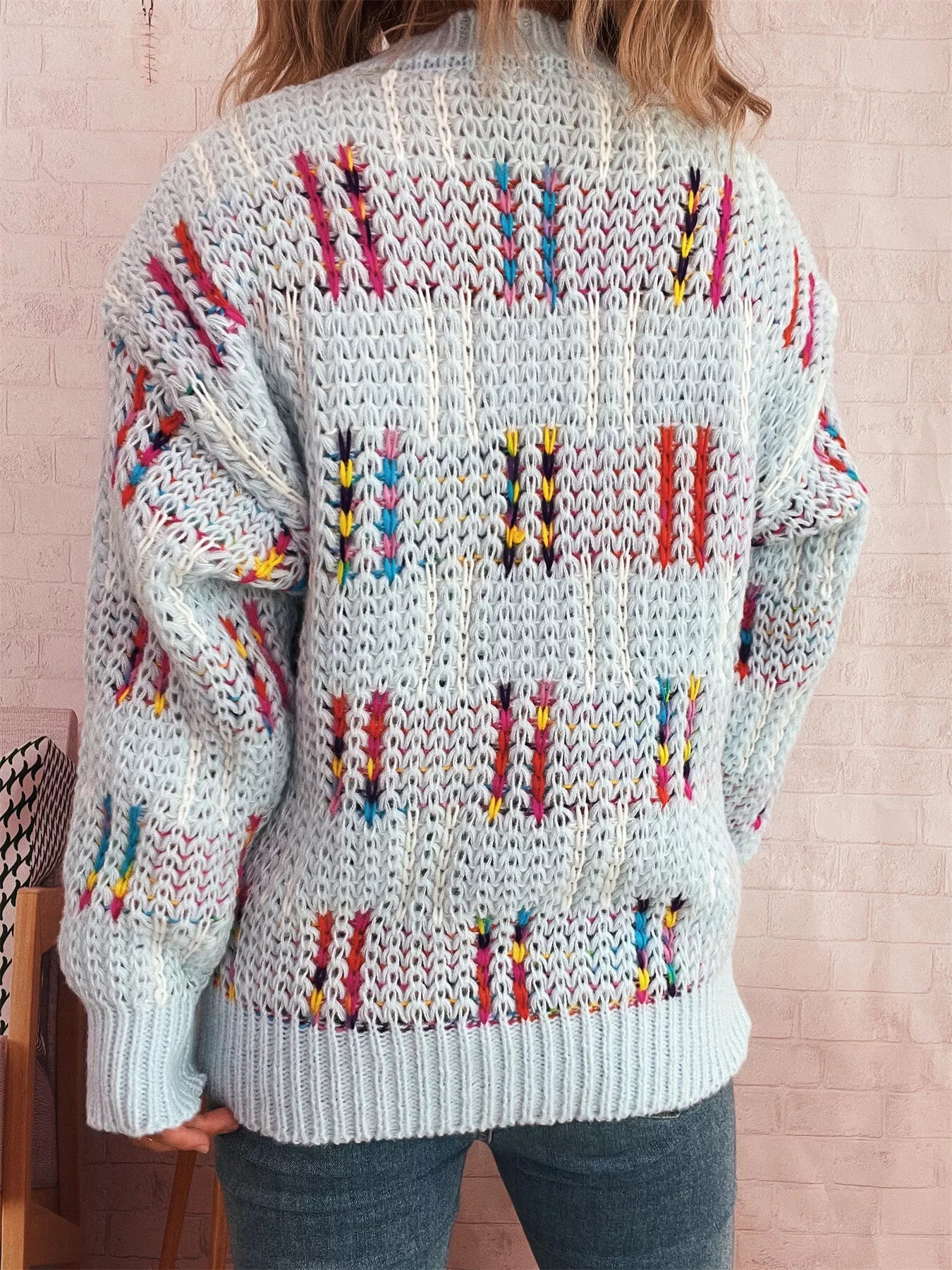 Colorful Round Neck Long Sleeve Sweater OutfitFlow