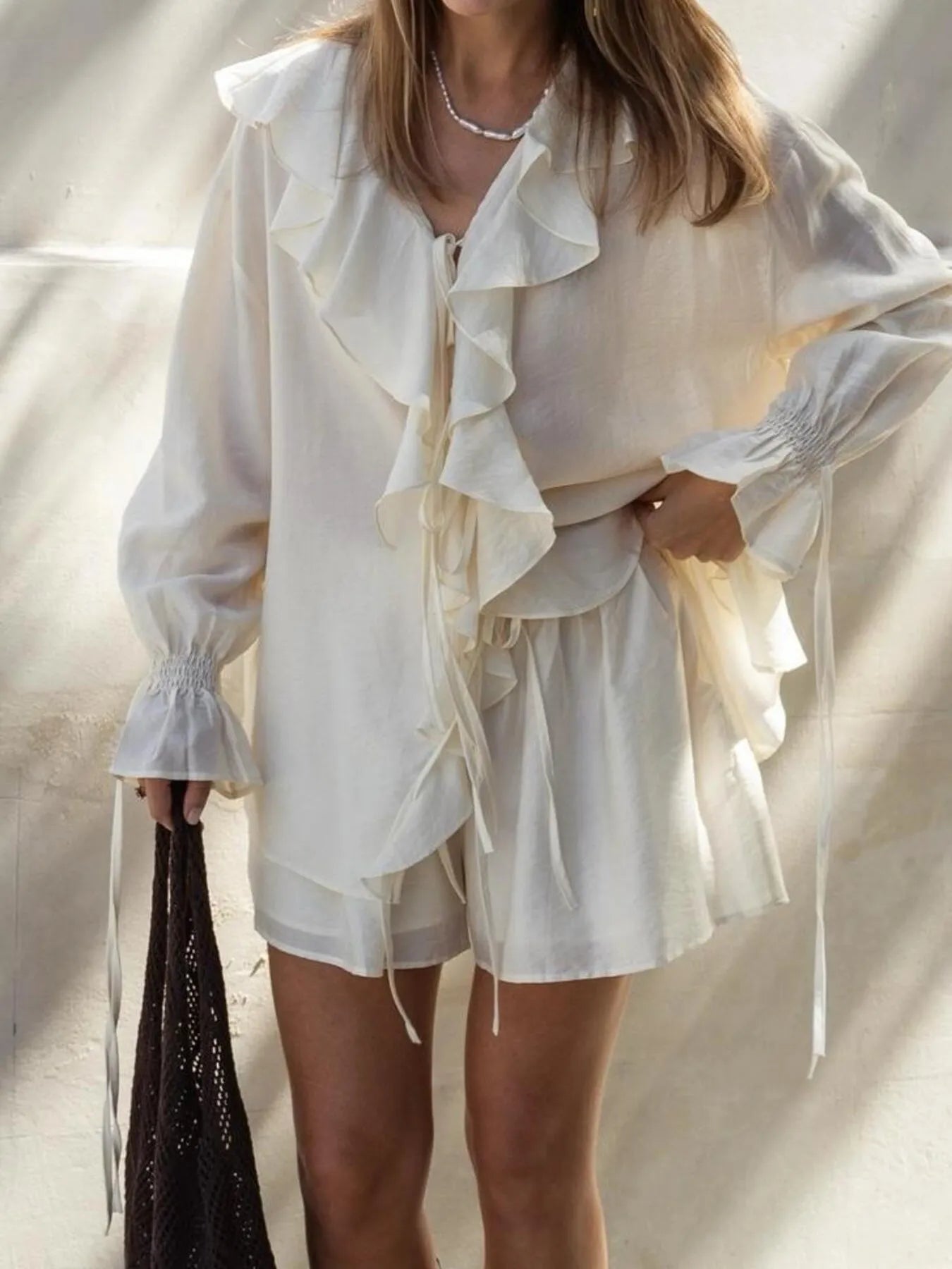 Ruffled Long Sleeve Shirt and Shorts Set OutfitFlow