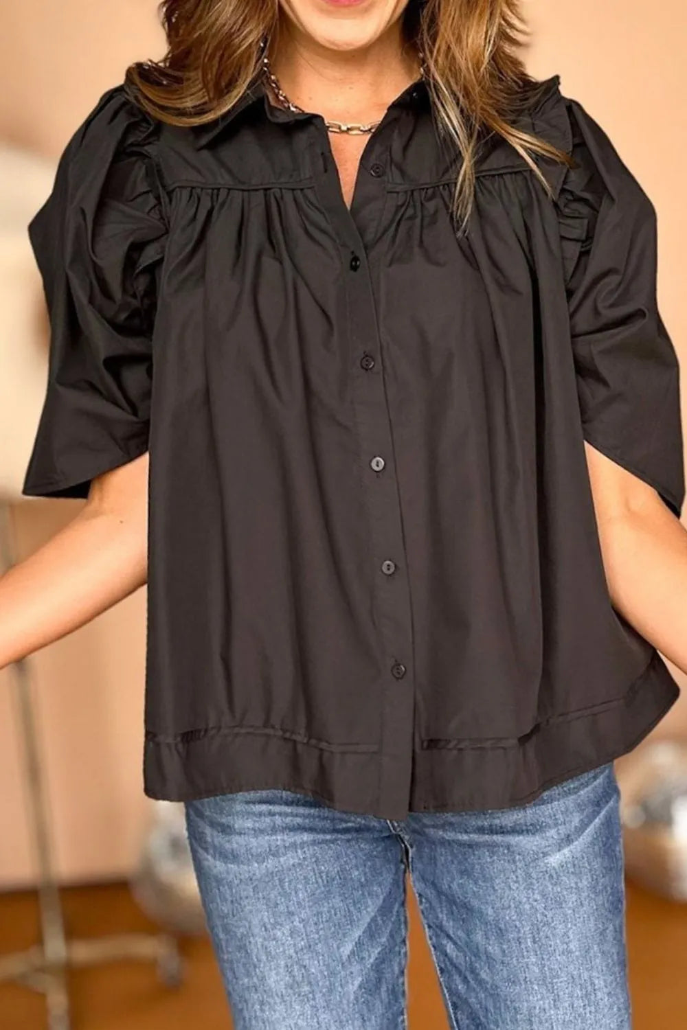 Puff Sleeve Button Down Shirt Black OutfitFlow