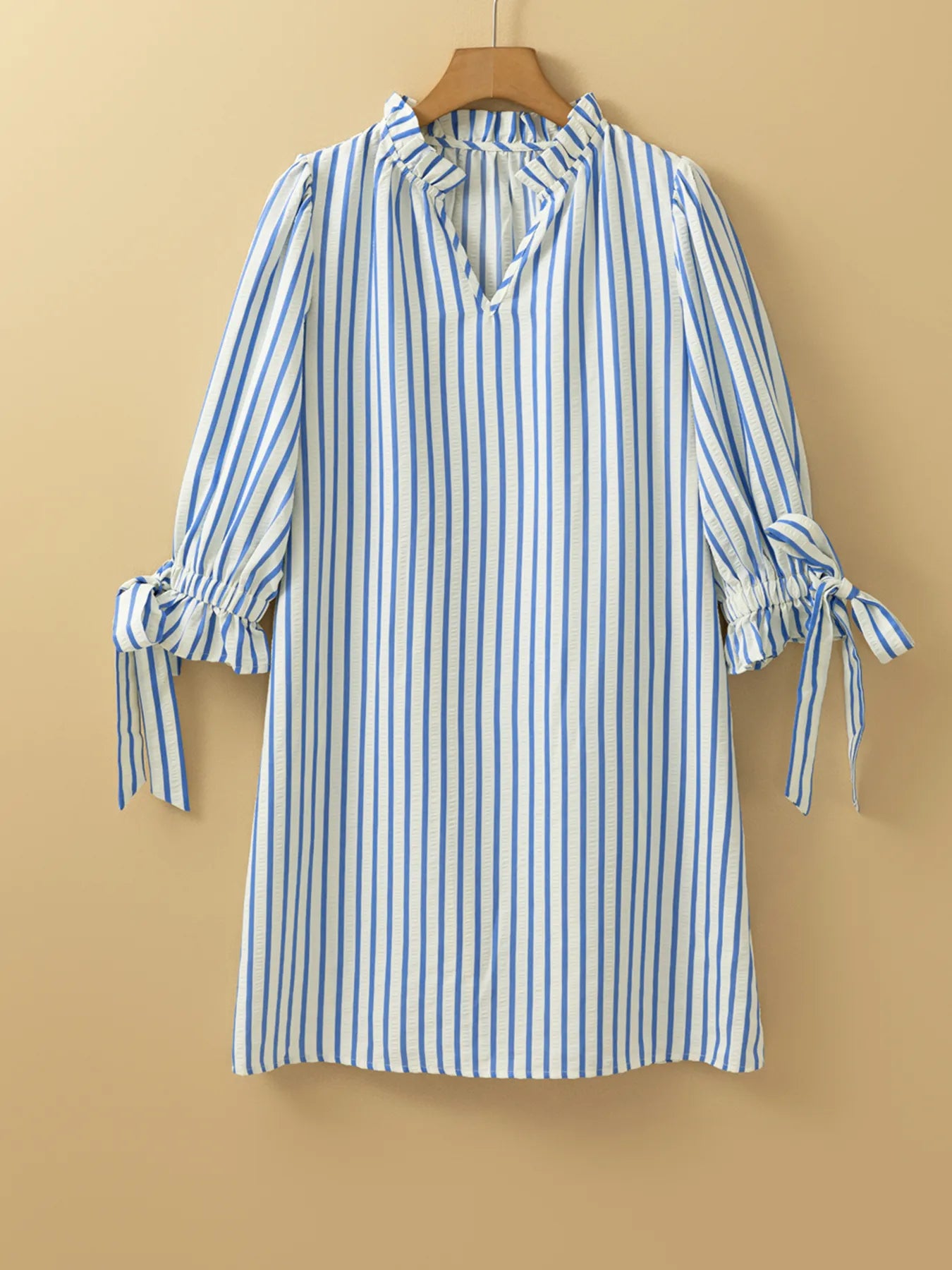 Stripe Knotted Sleeve Notched Shift Mini Dress OutfitFlow