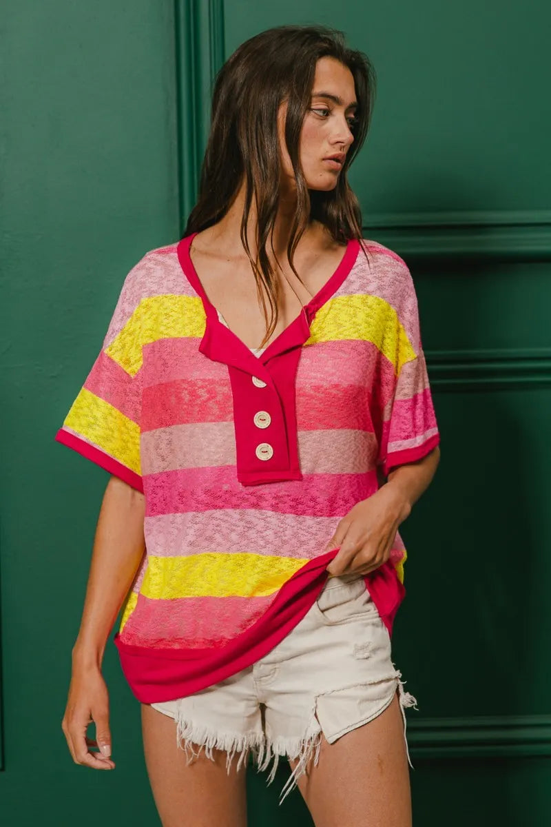 BiBi Multi Color Stripe Hacci Button Detail Ringer Top OutfitFlow