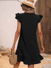 V-Neck Ruffle Hem Mini Dress with Flutter Sleeves OutfitFlow