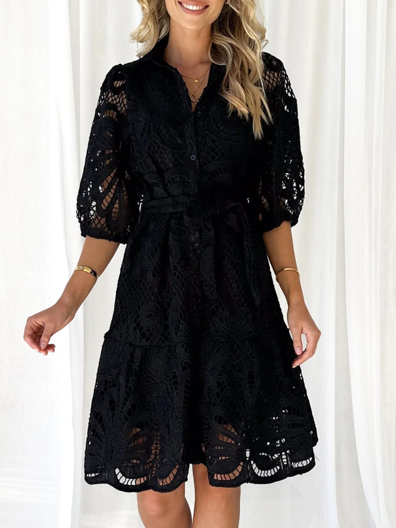 Lace Tie Waist Half Sleeve Dress OutfitFlow