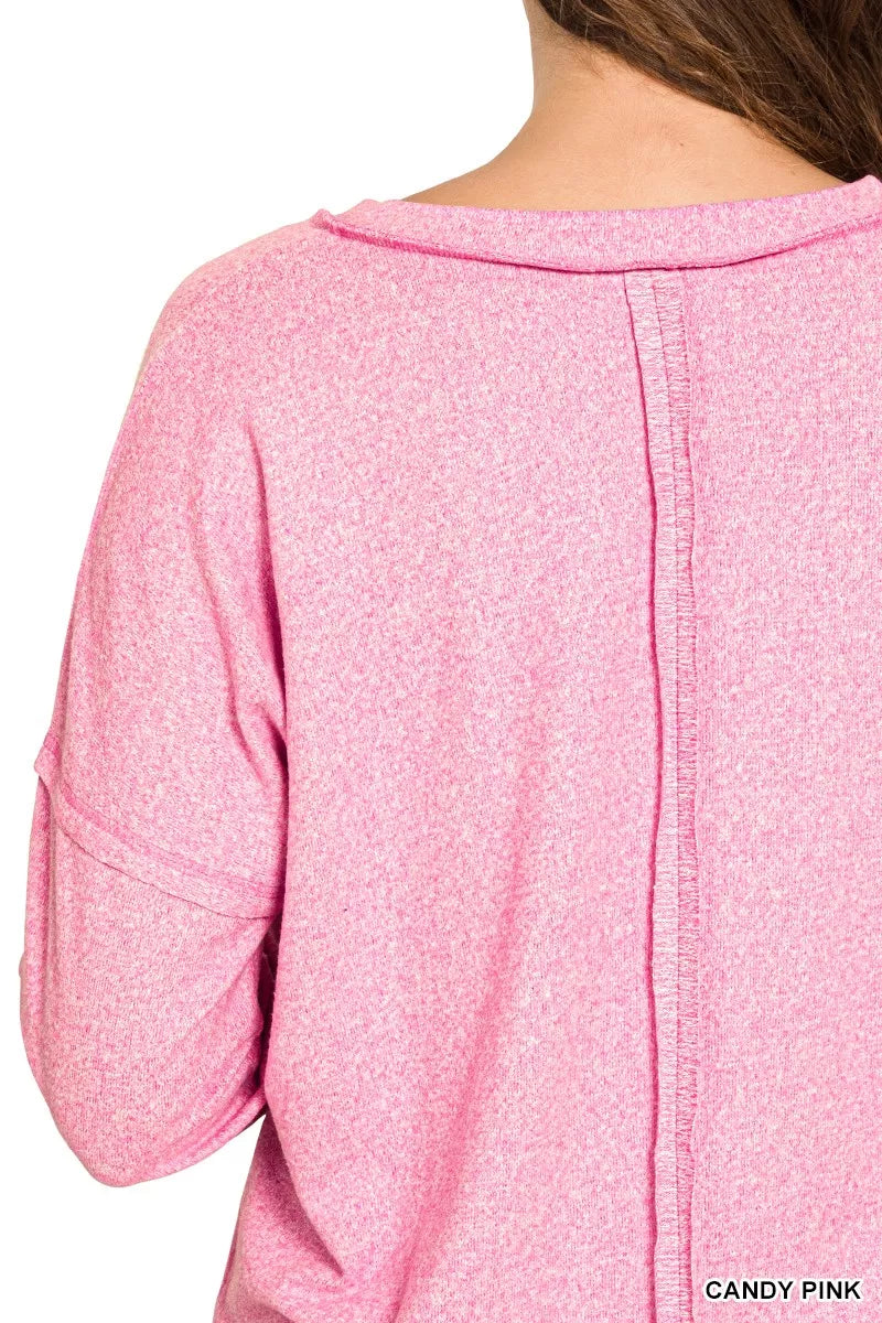 Zenana Soft Melange Hacci Exposed Seam Coin Pocket Tee OutfitFlow