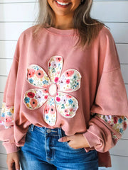 Plus Size Floral Applique Drop Shoulder Sweatshirt OutfitFlow