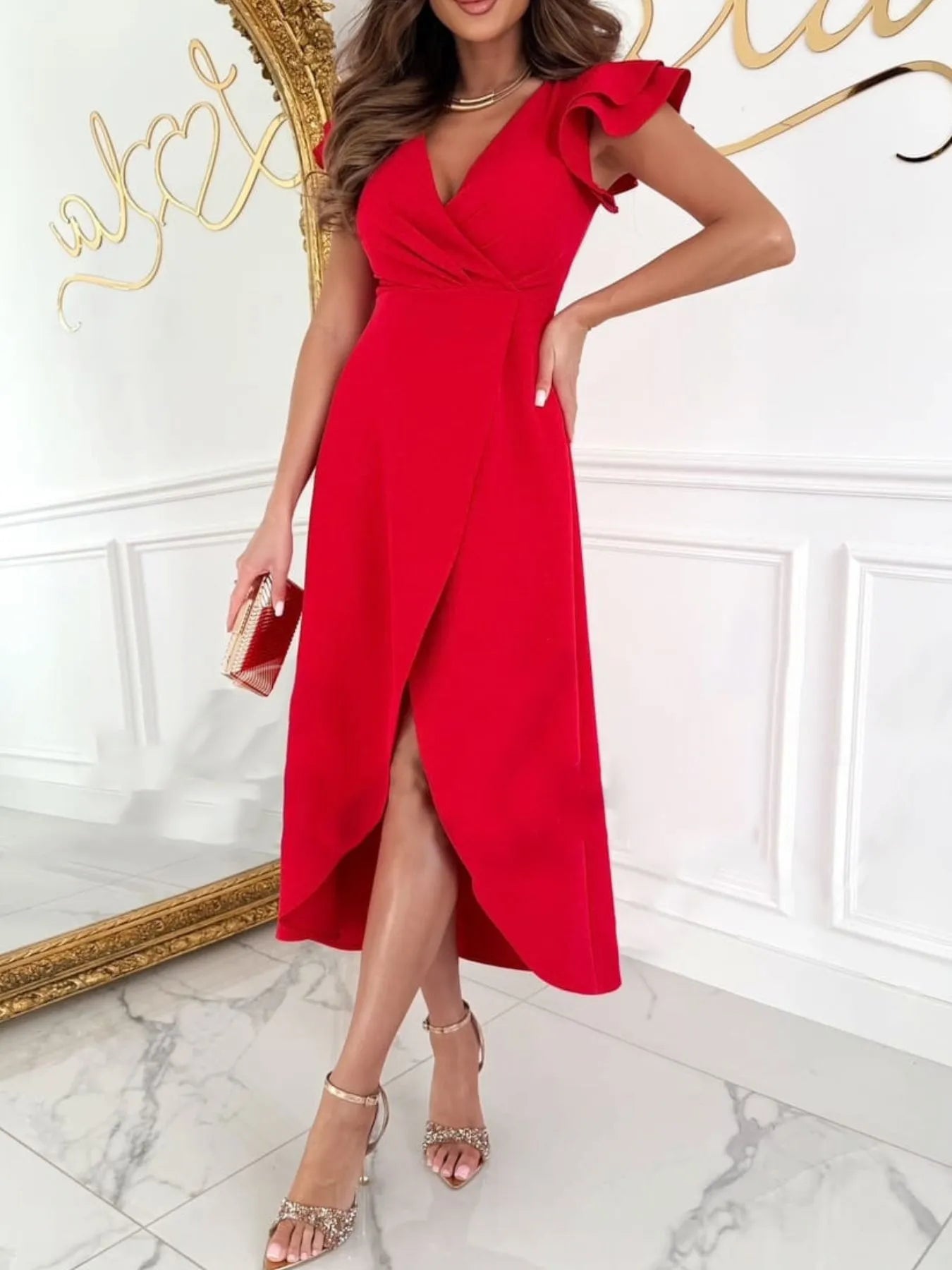 Surplice Ruffled Cap Sleeve Dress OutfitFlow
