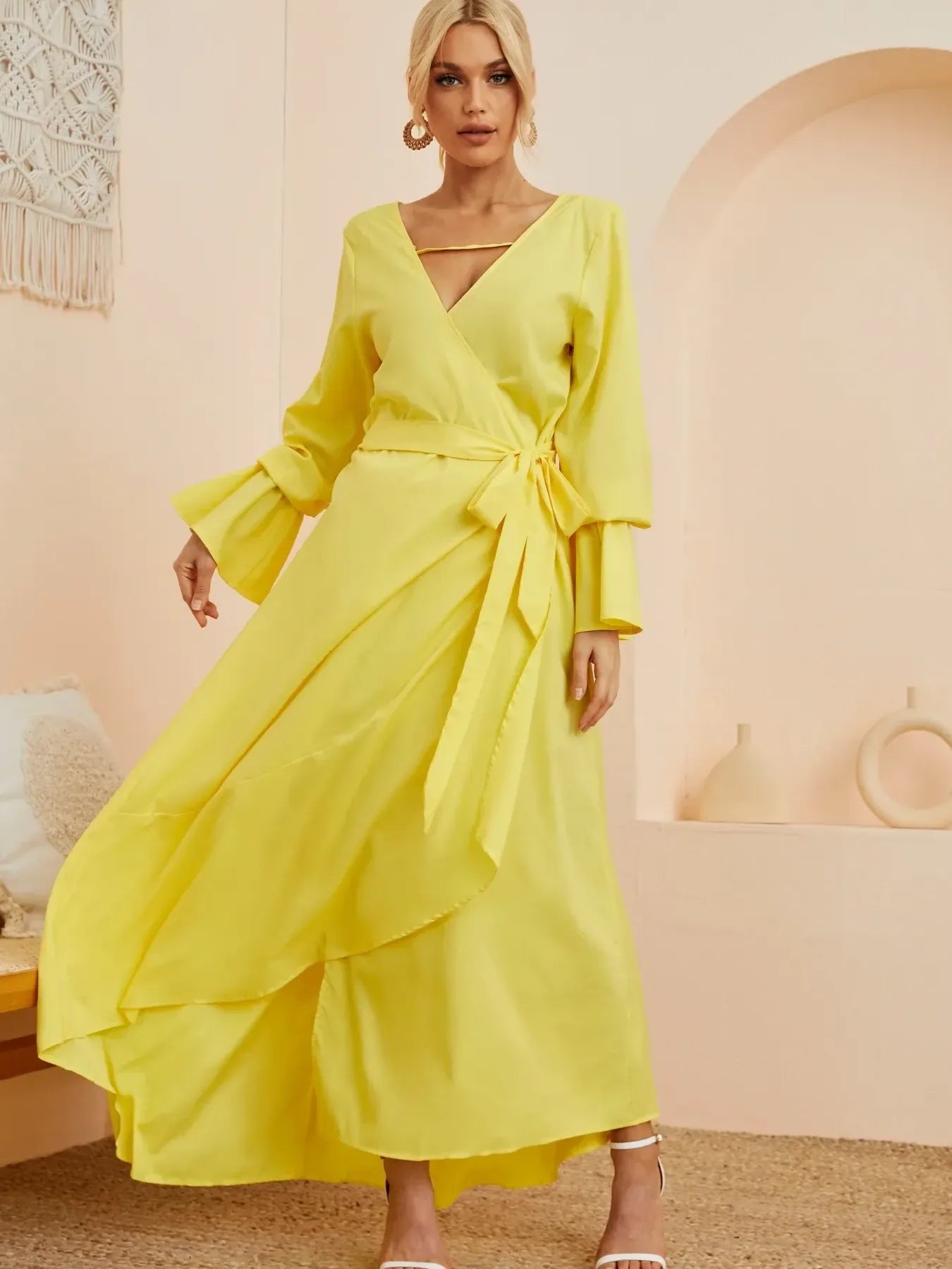 Ruffled Wrap Maxi Dress with Bell Sleeves OutfitFlow