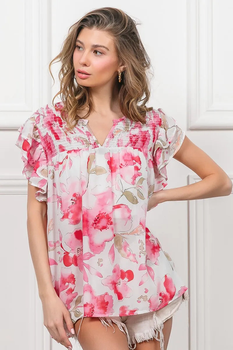 BiBi Floral Print Flutter Sheer Top OutfitFlow