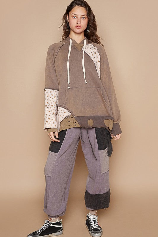 Outfit Flow - POL Floral Patchwork Distressed Drawstring Hoodie