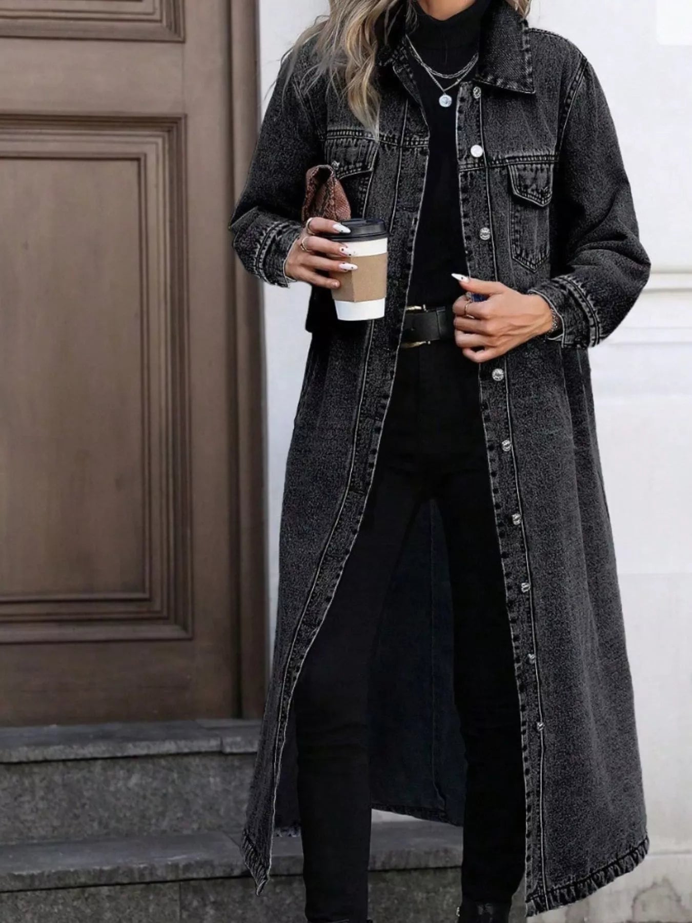 Longline Button-Front Denim Jacket OutfitFlow