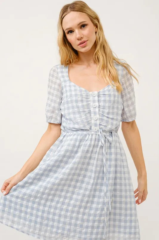 And The Why Puff Sleeve Ruched Button Front Gingham Dress Baby Blue OutfitFlow