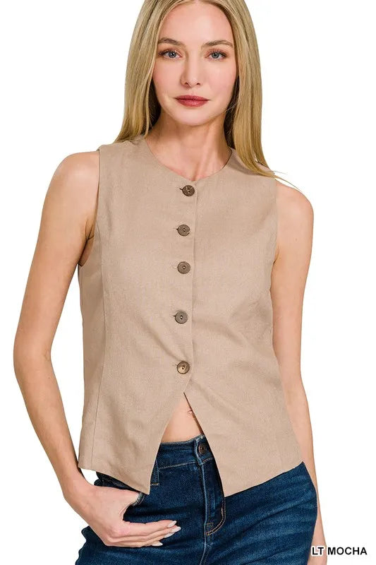 Zenana Linen Button Down Vest LT MOCHA OutfitFlow