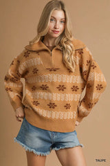 Umgee Floral Patterned Jacquard Quarter-Zip Pullover Sweater TAUPE Trendsi
