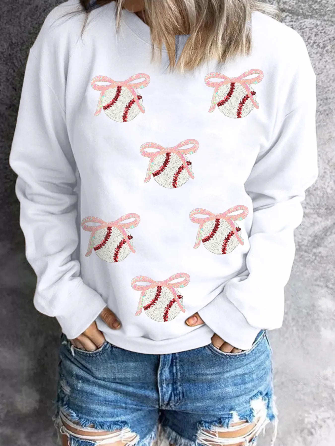 Sequin Bow Baseball Patched Casual Sweatshirt OutfitFlow