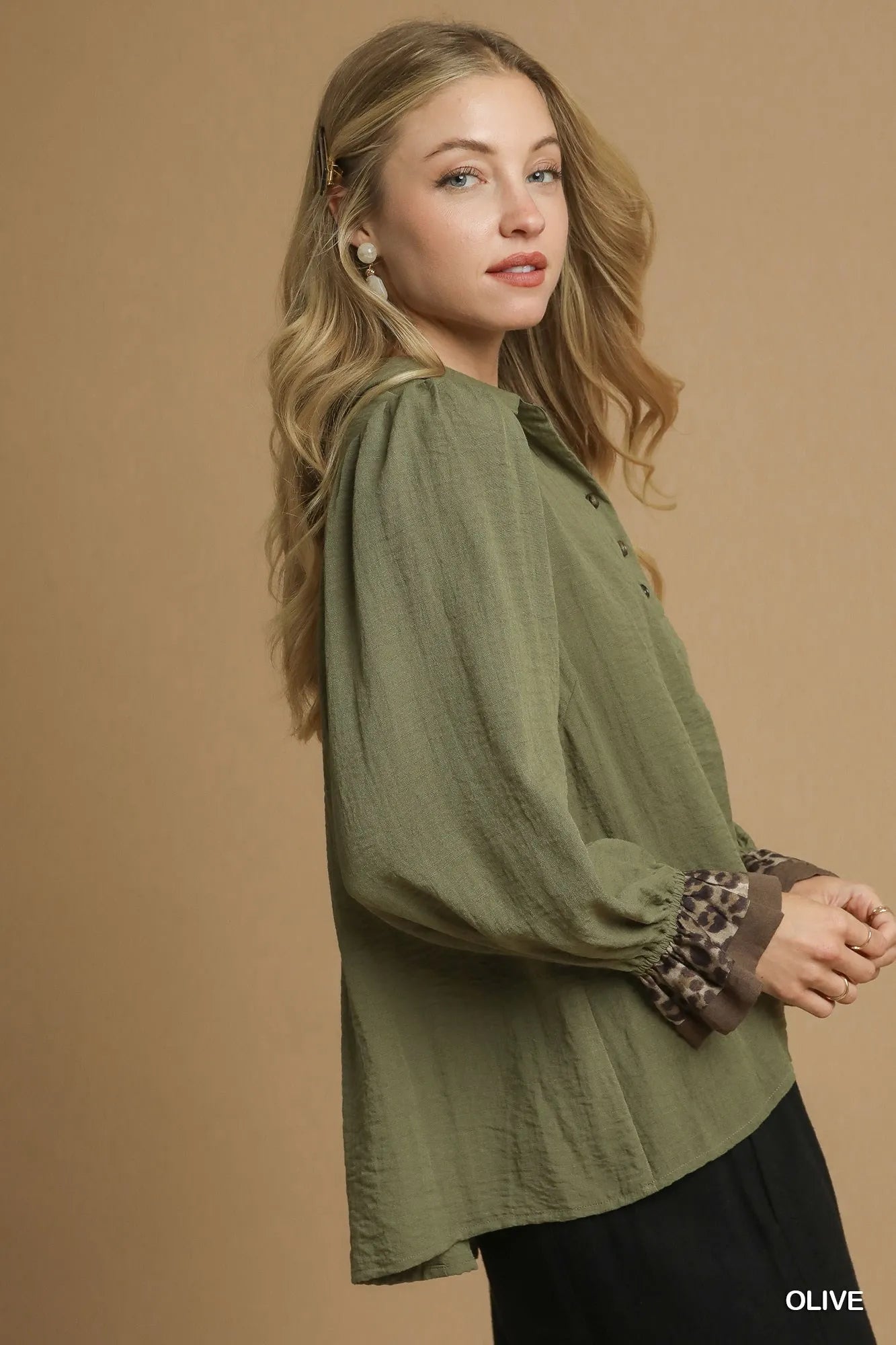 Umgee Half Button Blouse with Leopard Print Trim Trendsi
