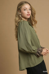 Umgee Half Button Blouse with Leopard Print Trim Trendsi