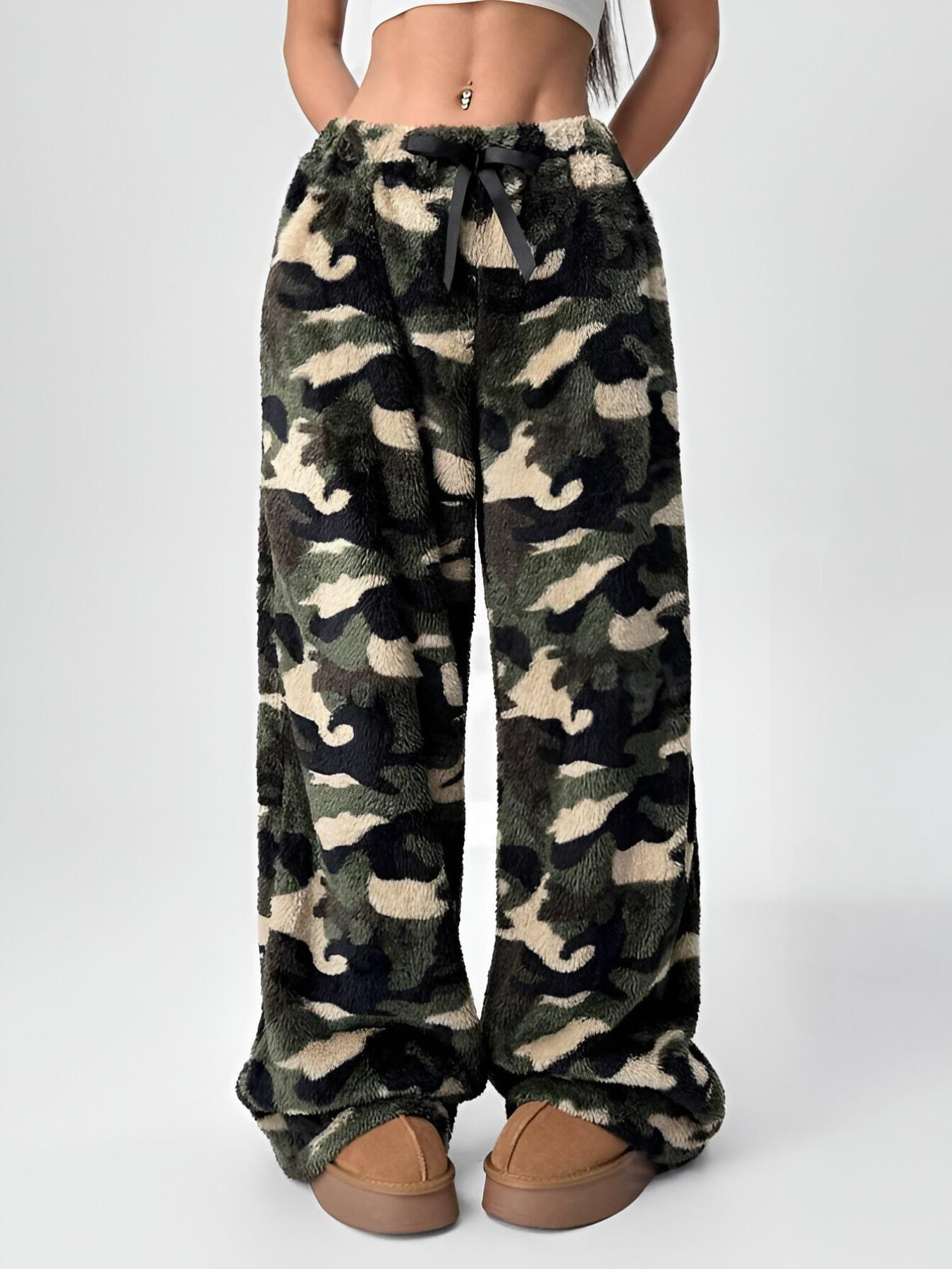 Leopard Wide Leg Plush Pants Green Camouflage OutfitFlow
