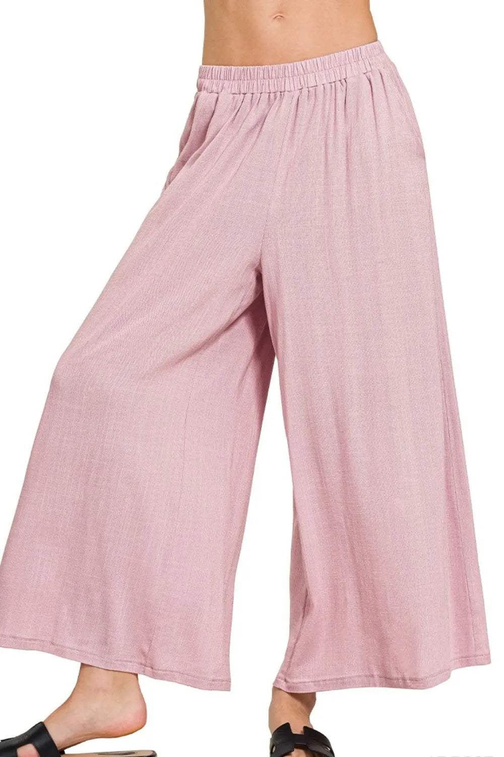 Zenana Woven Elastic Band Pants With Pocket OutfitFlow