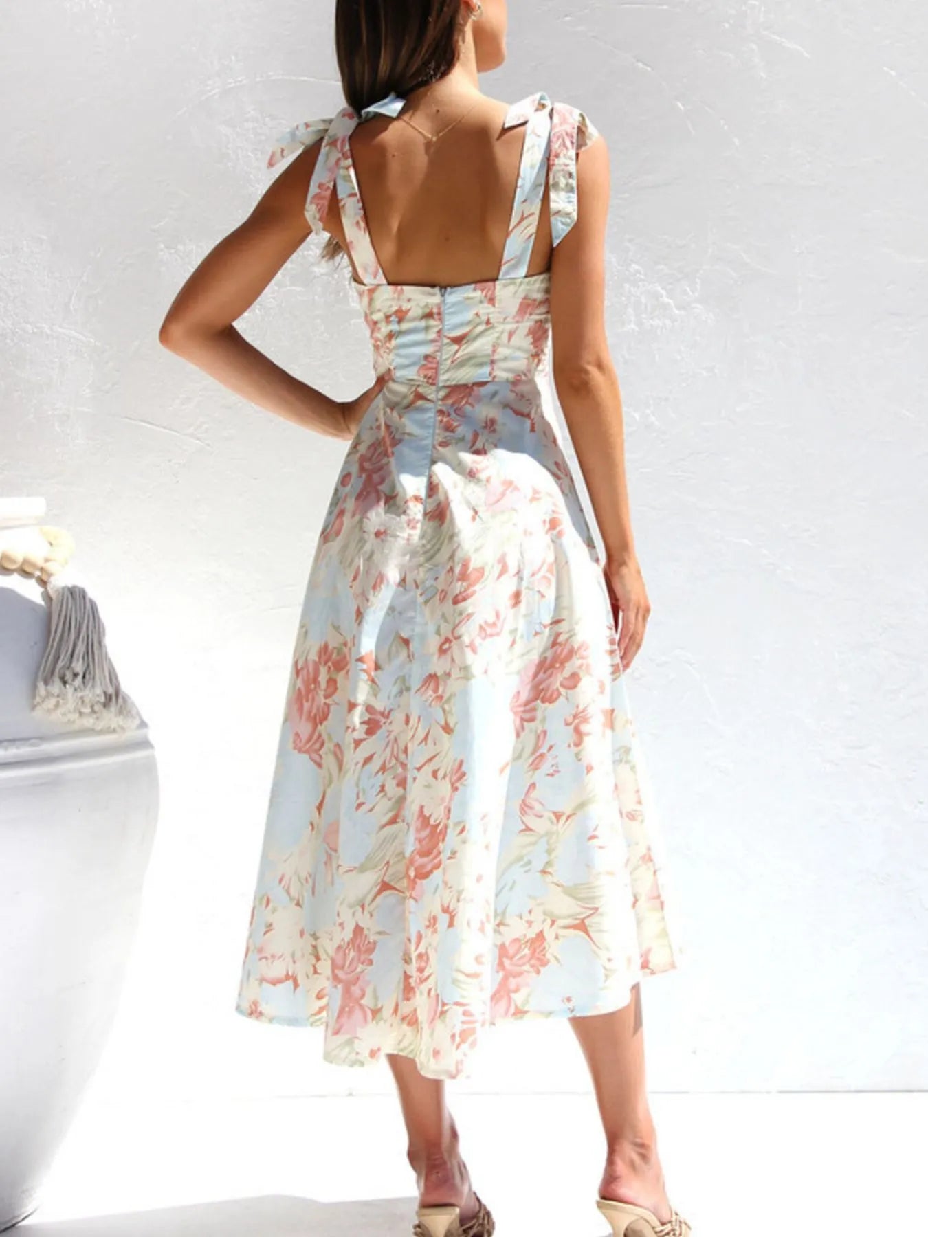 Tie-Shoulder Sweetheart Neck Summer Dress OutfitFlow