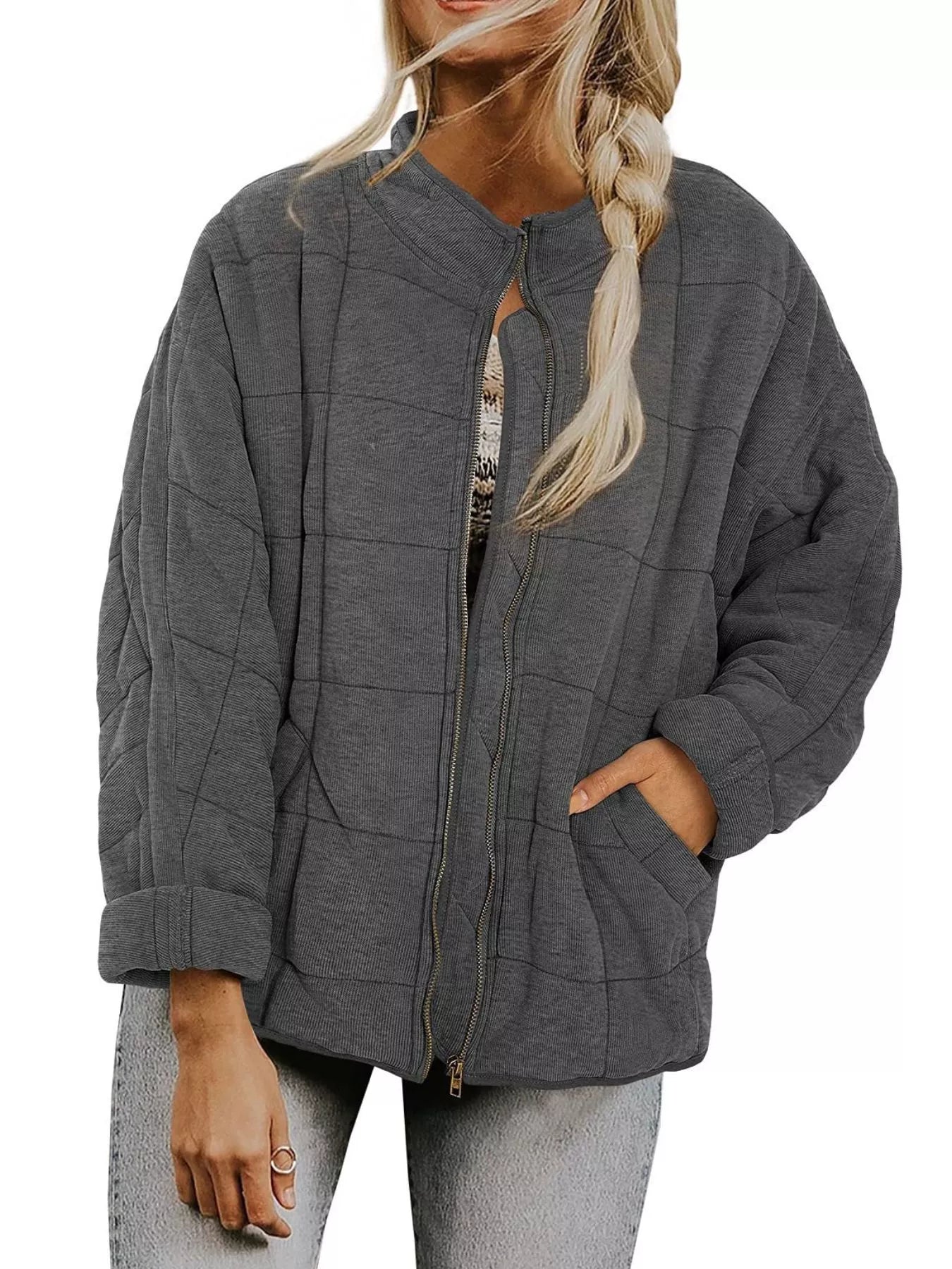 Quilted Zip Up Outerwear Dark Gray Trendsi
