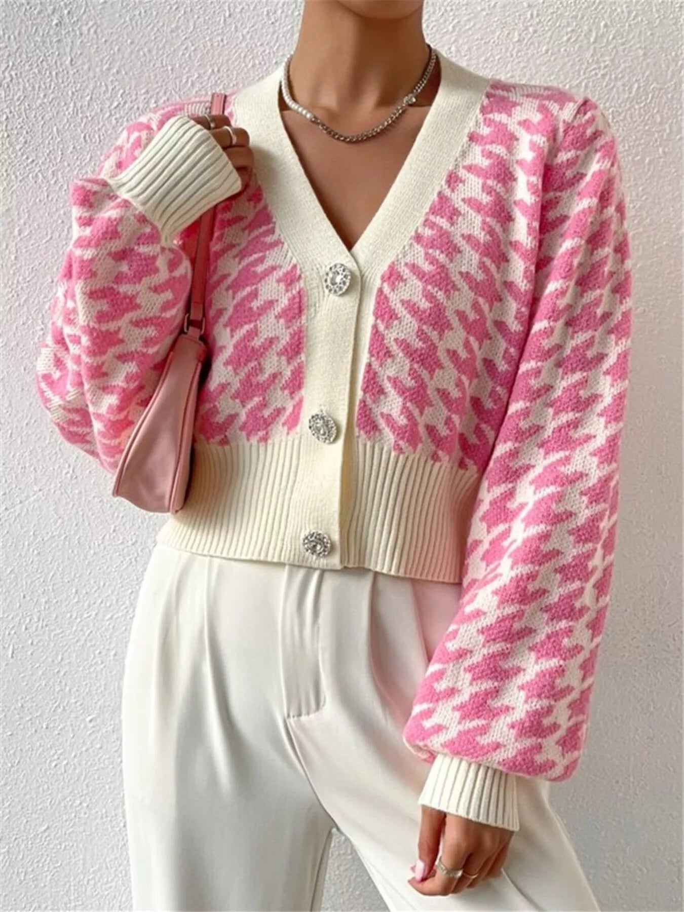 Houndstooth V-Neck Button Up Cardigan OutfitFlow