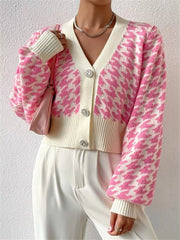 Houndstooth V-Neck Button Up Cardigan OutfitFlow