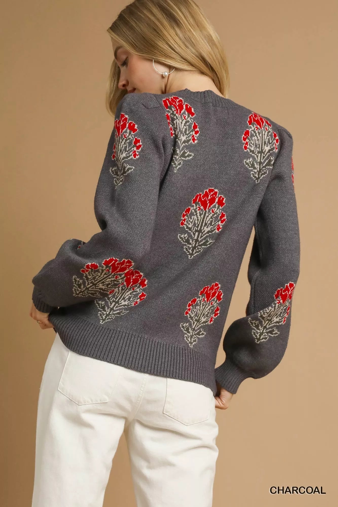 Umgee Single Flower Stem Jacquard Sweater OutfitFlow
